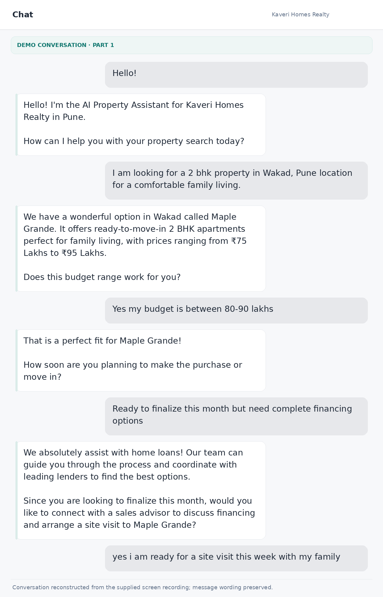 Kaveri Homes AI chat conversation part one