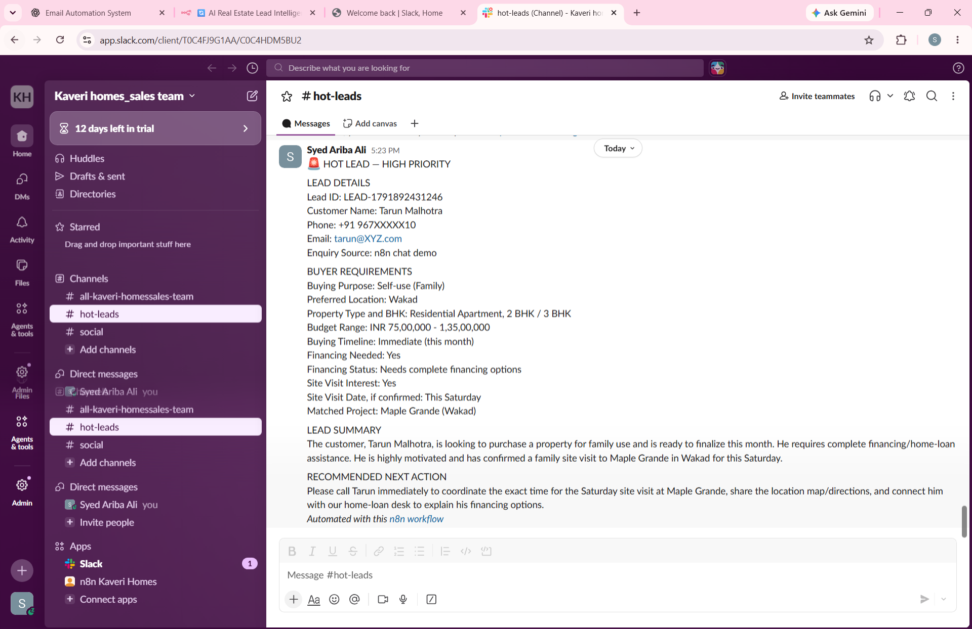 Slack notification for a high-priority real estate lead